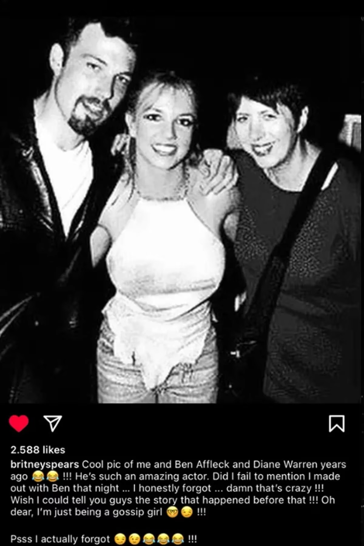 Fotografía que publicó Britney Spears con Ben Affleck  y que luego borró. Fuente: Instagram