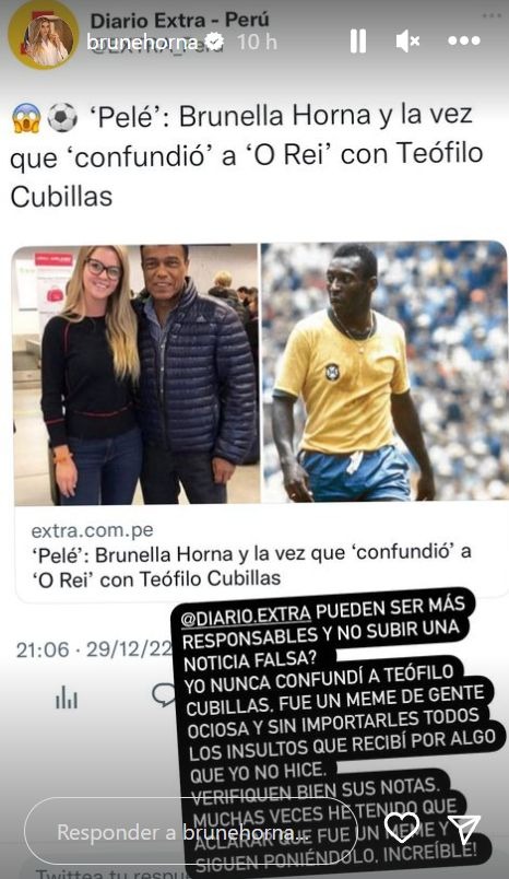 Brunella Horna se molestó por foto donde supuestamente confunde a Pelé con Teófilo Cubillas 
