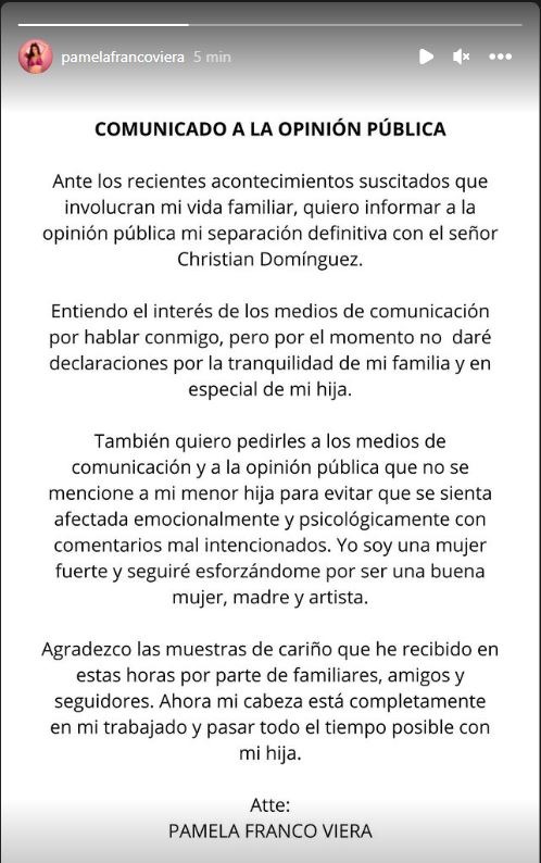 Pamela Franco oficializó el fin de su relación Christian Domínguez ante el escándalo que protagonizó/Foto: Instagram
