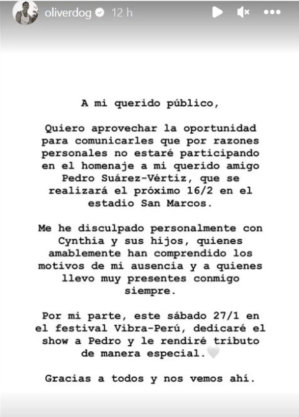Comunicado de Christian Meier anunciando su ausencia en el homenaje a Pedro Suárez Vértiz el 16 de febrero próximo/Foto: instagram 