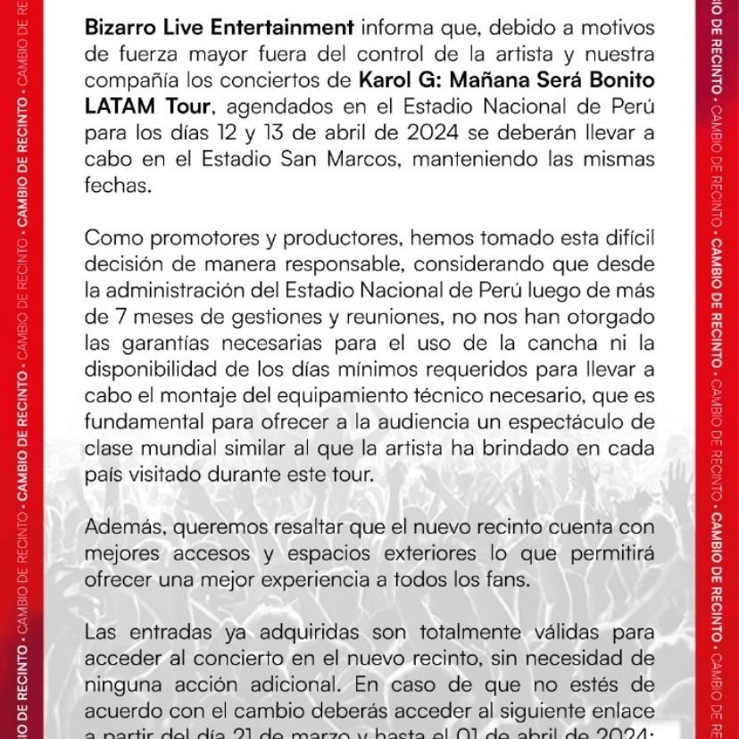 Comunicado de la empresa Bizarro Live anunciando el cambio de locación de los conciertos de Karol G en Lima/Foto: Instagram