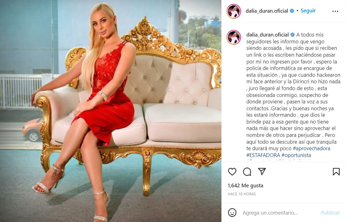 Dalia Durán denuncia hackeo de sus redes sociales: “Están obsesionados conmigo”