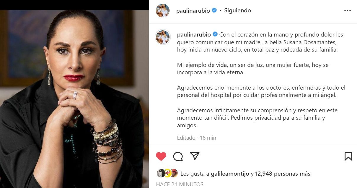 La emotiva despedida de Paulina Rubia a su madre Susana Dosamantes