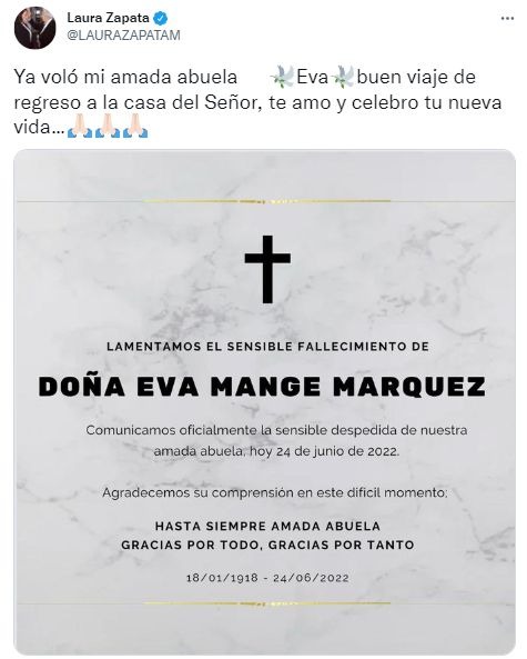  Falleció a los 104 años doña Eva Mange, abuela de Thalía y Laura Zapata