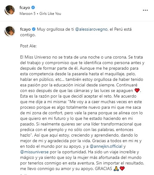 Fiorella Cayo a Alessia Rovegno: "Todo el Perú está orgulloso de ti" 