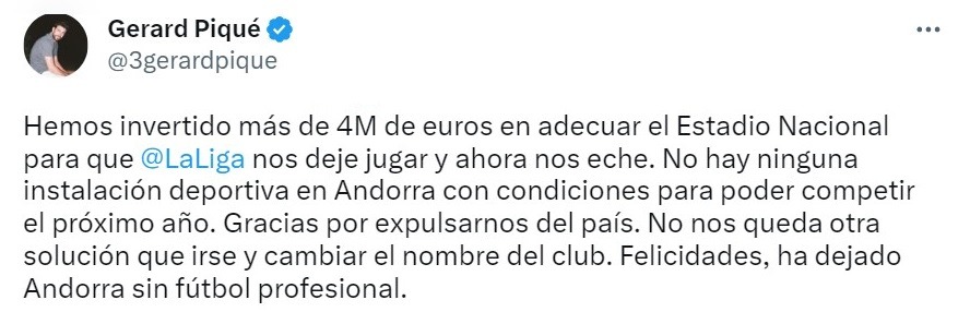 Gerard Piqué y el Andorra FC han sido expulsados del Estadio Nacional de ese país para disputar los partidos de la liga de segunda división y el ex de Shakira desató su furia en redes sociales / Foto: X