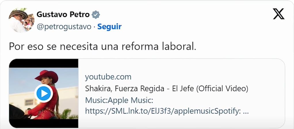 Mensaje del Presidente de Colombia Gustavo Petro en respaldo al último tema musical de Shakira 'El Jefe'/Foto: Twitter