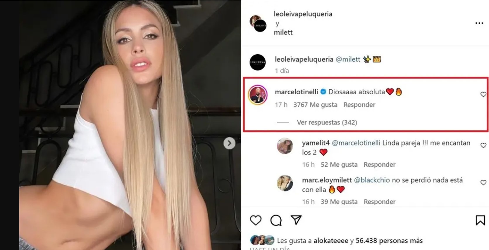 Marcelo Tinelli comentó la fotografía de Milett Figueroa tras su cambio de look y en medio de rumores de separación/Foto: Instagram
