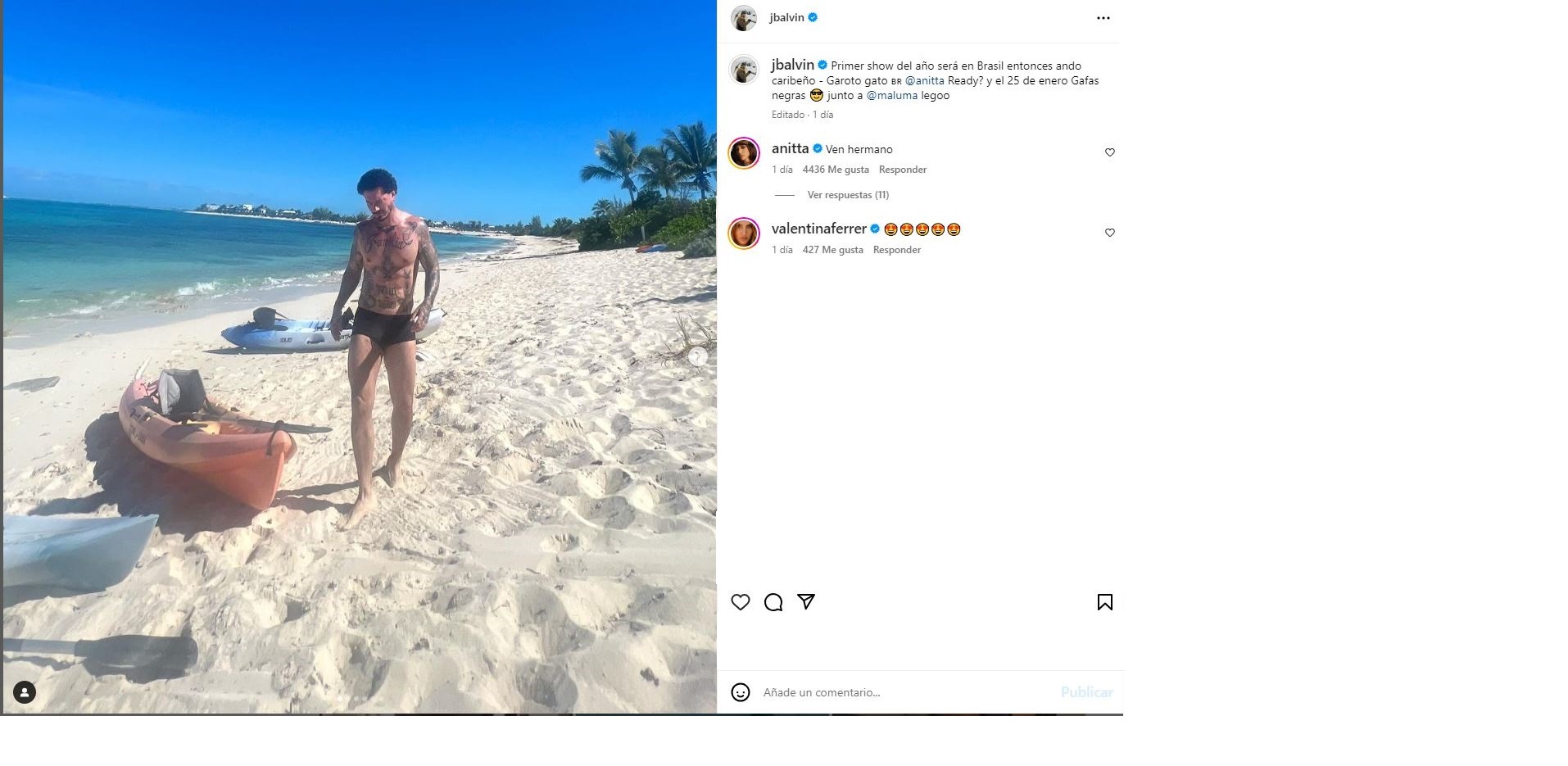 Esta es la última fotografía de J Balvin mostrando parte de sus vacaciones junto a Valentina y su hijo y contando que hará un show con Anitta y como se aprecia Ferrer reacciona con emojis de amor a Balvin/Foto: Instagram