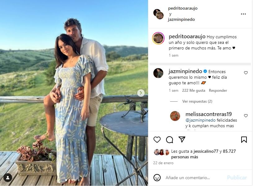 El pasado 22 de enero Jazmín Pinedo y Pedro Araujo, cumplieron un año de relación/Foto: Instagram