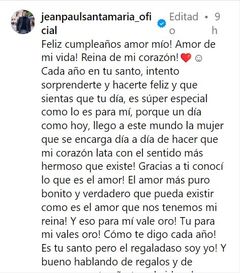 Jean Paul Santa María compartió  un mensaje con las imágenes de la rompantica serenata para su esposa Romina Gachoy/Foto: Instagram