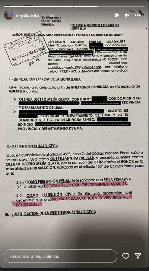 Esta es la demanda por difamación agravada  presentada por Jefferson Farfán contra Olenka Mejía que fue  aceptada por el Juzgado unipersonal de Lima/Foto: Instagram