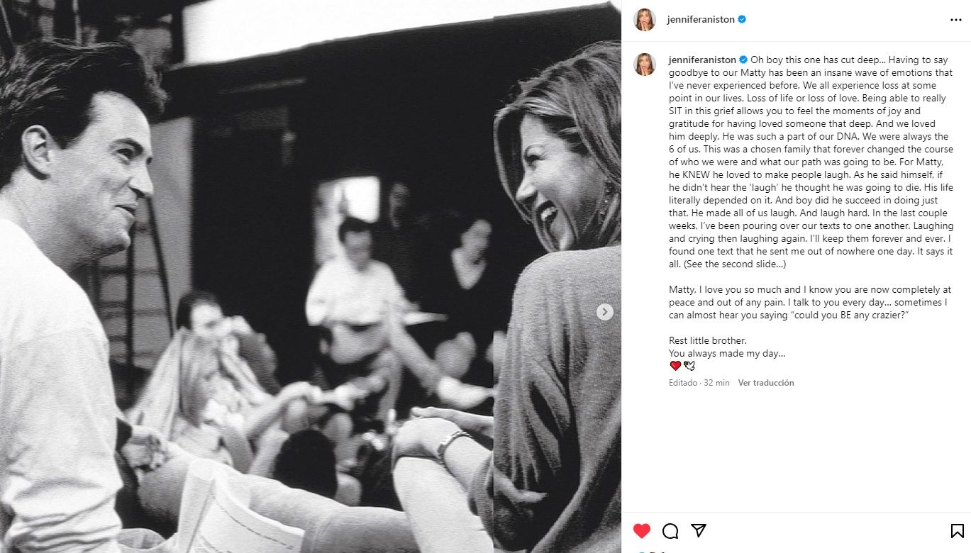 Jennifer Aniston se despidió así de su gran amigo Matthew Perry / Instagram