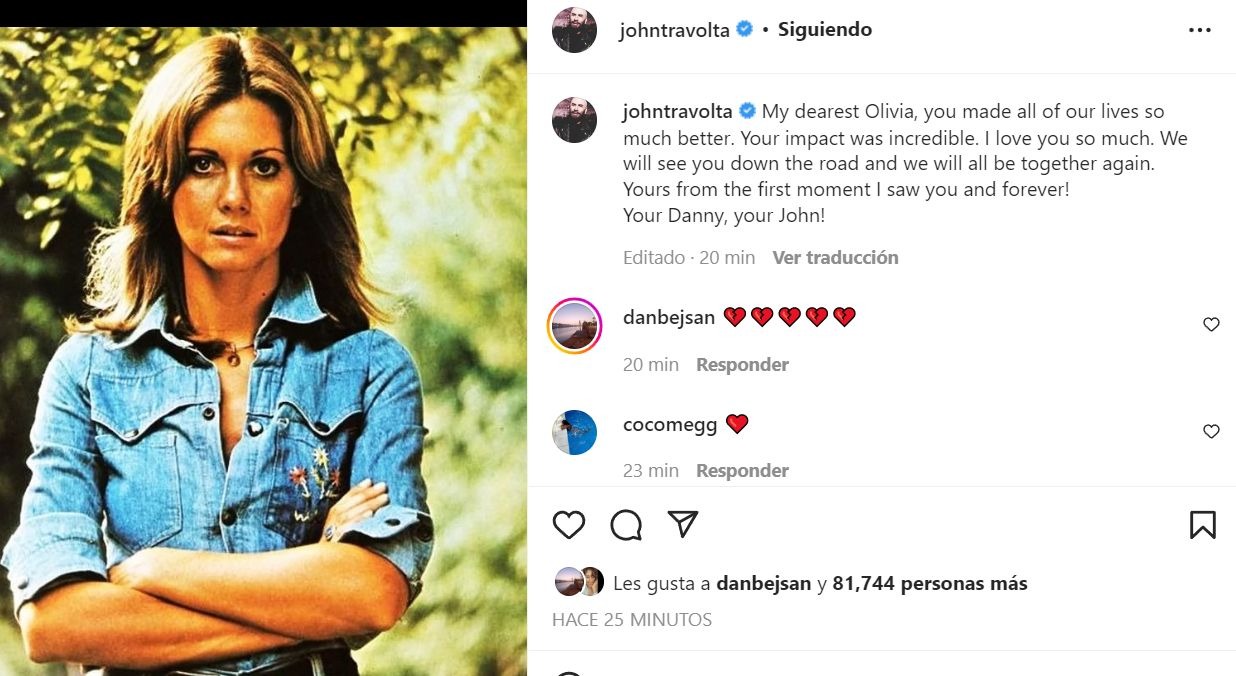 John Travolta deja emotivo mensaje de despedida para Olivia Newton-John