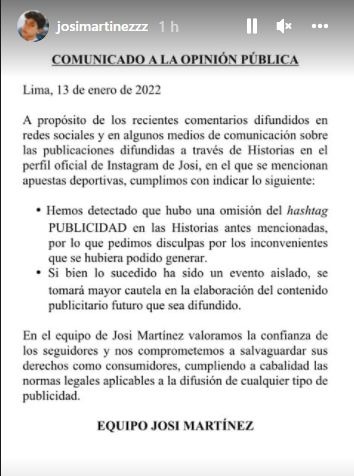 Josi Martínez pide disculpas tras investigación de Indecopi por publicidad encubierta 