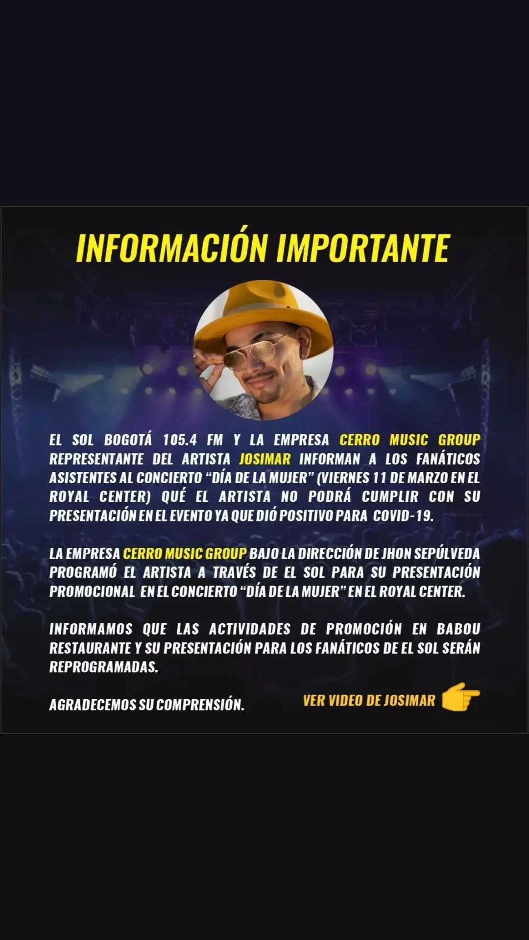 Josimar canceló concierto en Colombia luego de dar positivo a COVID-19