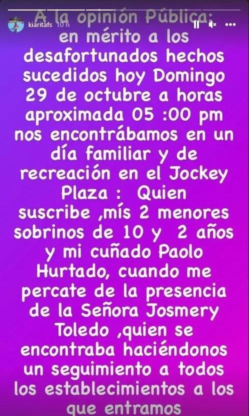 Kiara Fuentes denunció que el 29 de octubre Jossmery Toledo les hizo seguimiento a Paolo Hurtado, ella y sus sobrinos en el Jockey Plaza/Foto: Instagram