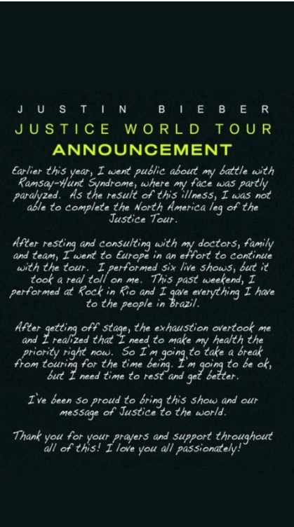Justin Bieber canceló su gira de conciertos por problemas de salud