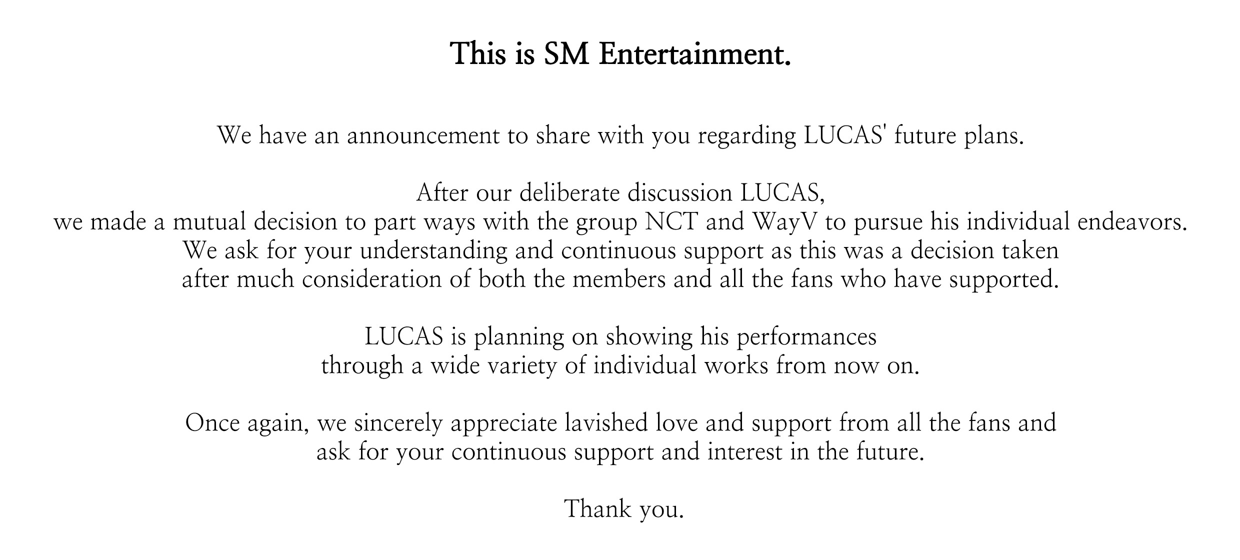 K-pop: SM Entertainment anunció la salida de Lucas de NCT y WayV