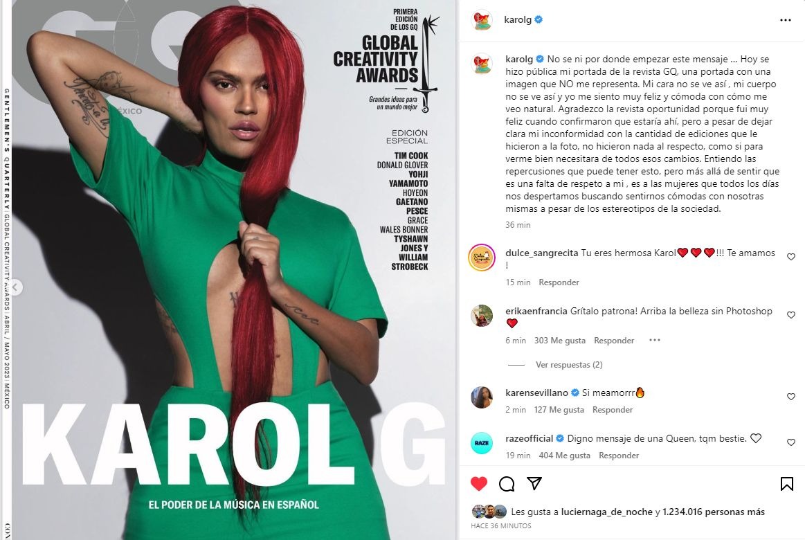 Karol G se molestó con conocida revista por abuso de retoques en su foto de portada