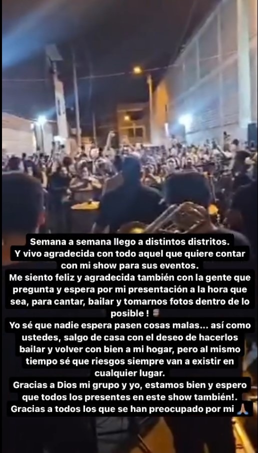 Pronunciamiento de Kate Candela tras incidente en su show de Barrios Altos/Foto: Instagram