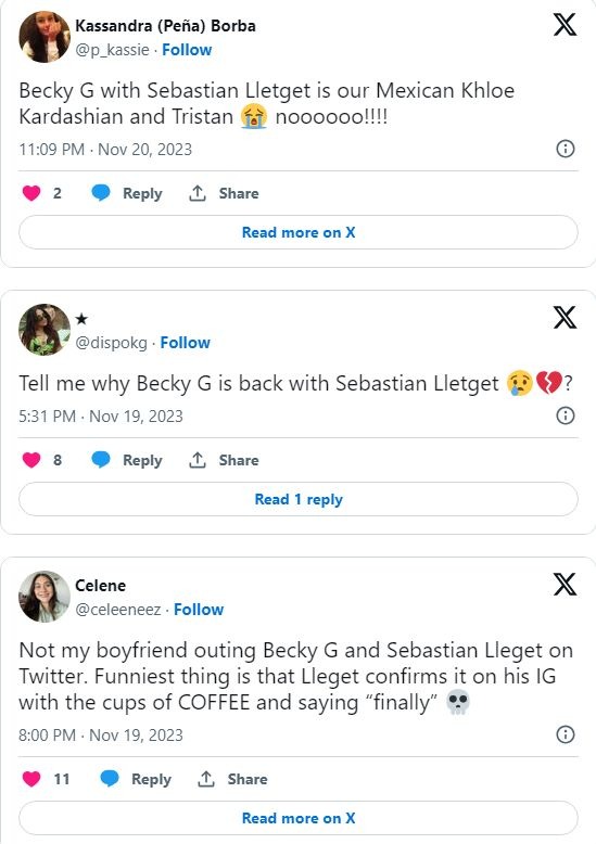 Reacciones de algunos fanáticos de Becky G al ver sus fotos con Sebastian Lletget / X