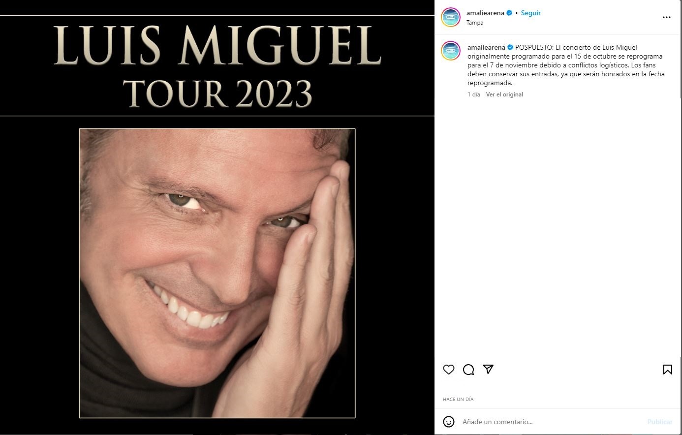 Luis Miguel canceló su concierto del 15 de octubre en Florida / Foto: Instagram