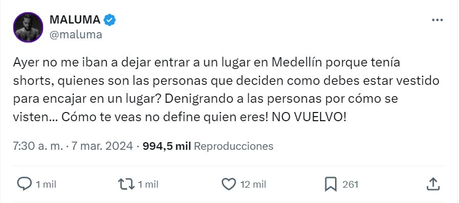 Mensaje de Maluma denunciando discriminación/Fuente: X