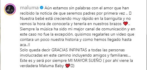 Mensaje de Maluma tras el anuncio oficial de la pronta llegada de su primer bebé con Susana Gómez/Foto: Instagram