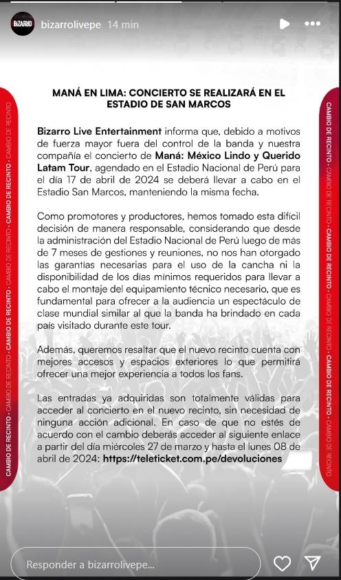 Comunicado empresa Bizarro Live anunciando el cambio de locación para el concierto de Maná en Perú/Foto: Instagram