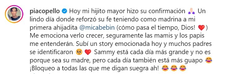 Mensaje de María Pía Copello en Instagram/Foto: Instagram