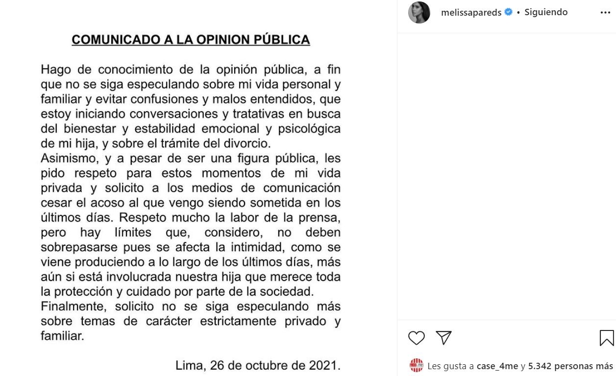 Melissa Paredes anuncia trámites de divorcio de Rodrigo Cuba