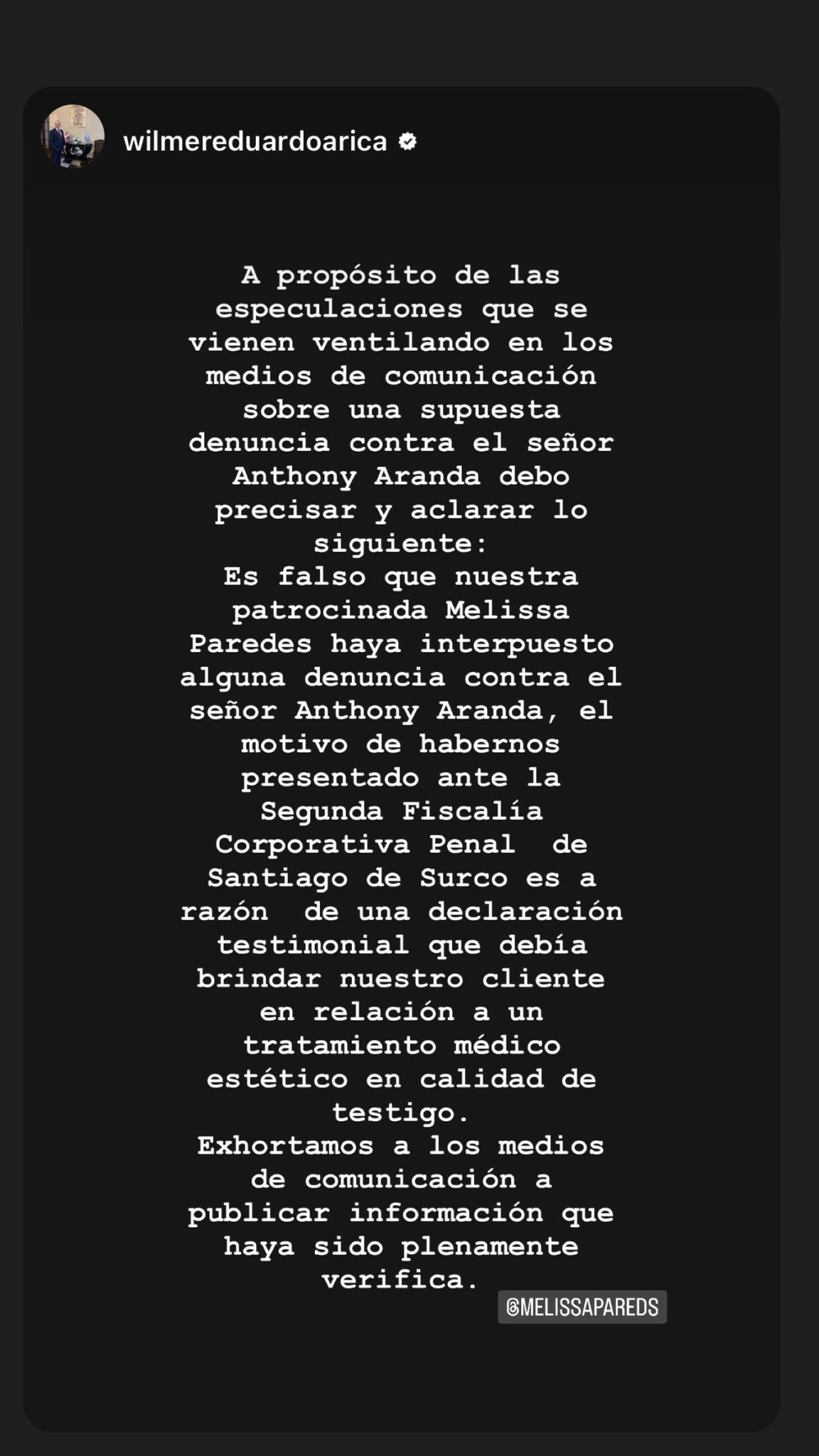 Abogado de Melissa Paredes aclaró que la actriz no denunció a Anthony Aranda / Instagram