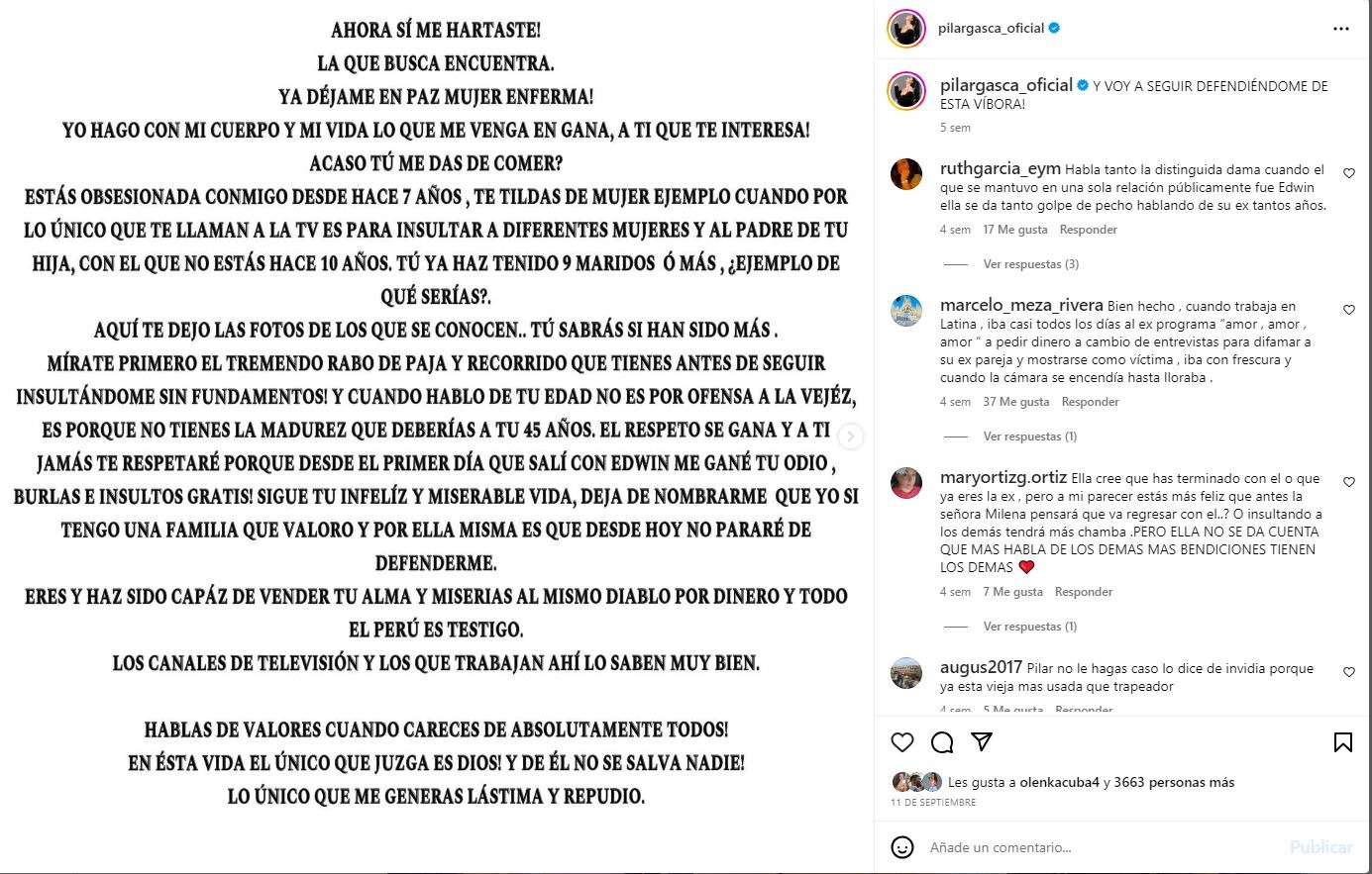 El 11 de septiembre pasado Pilar Gasca inició los ataques en redes sociales contra Milena Zárate / Foto: Instagram