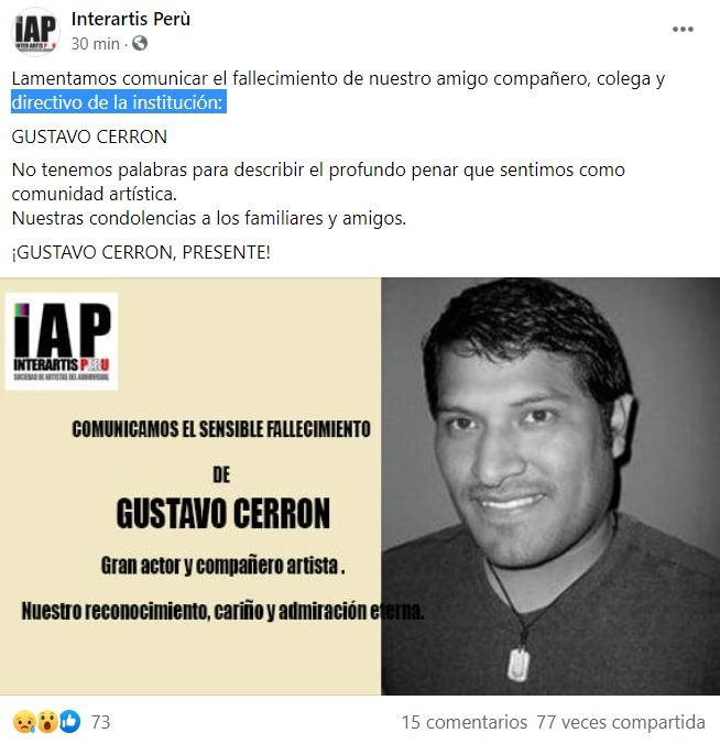  Murió actor Gustavo Cerrón a los 48 años a causa del Covid-19