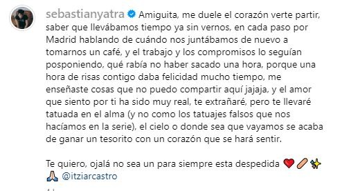 El emotivo mensaje de despedida de Sebastián Yatra, tras la repentina partida de la actriz española Itziar Castro/Foto: Instagram