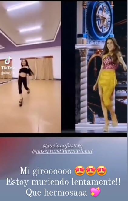 Luciana Fuster, actual Miss Grand International quedó impresionada al ver la sincronía de una niña modelo imitando sus pasos sobre la pasarela/Foto: Instagram