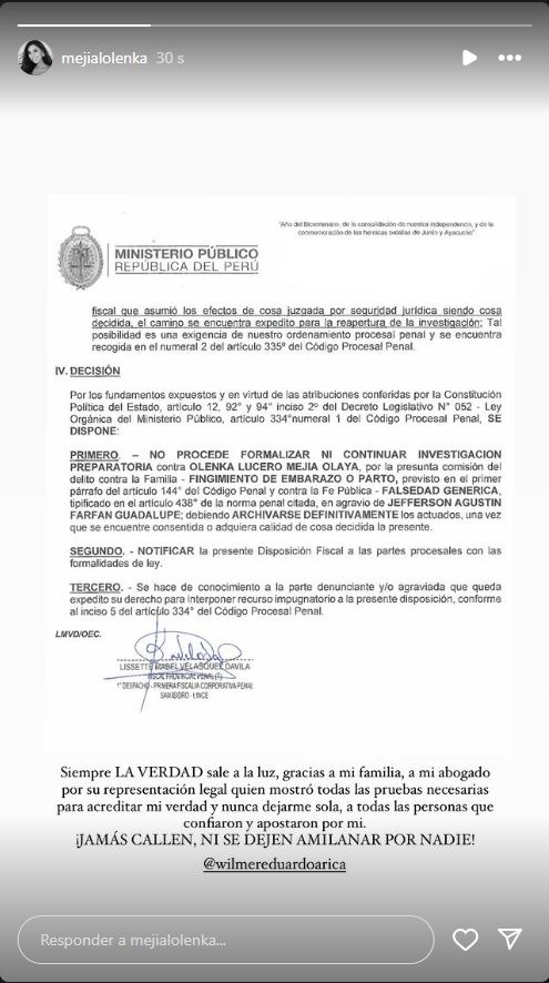 Documento Fiscal que dispone el archivamiento definitivo de la denuncia hecha por Jefferson Farfán contra Olenka Mejía/Foto: Instagram