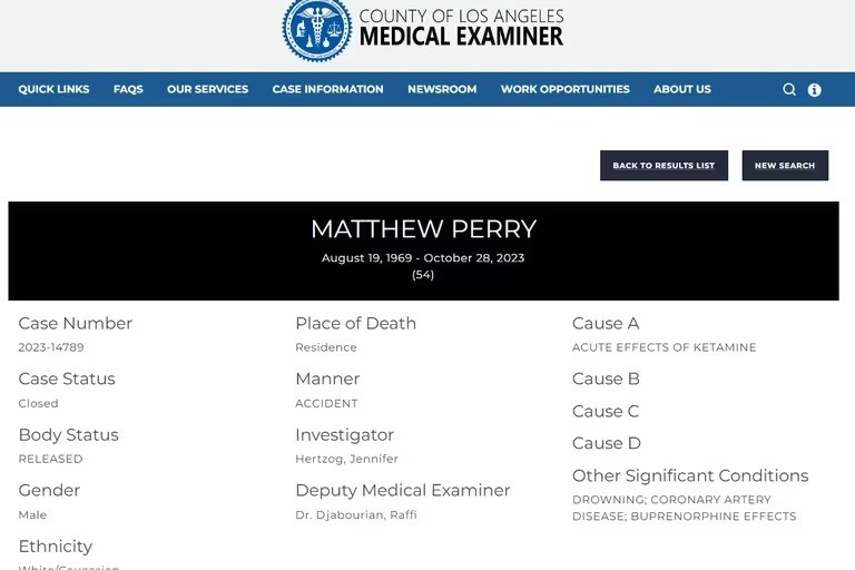 El sitio web oficial del Médico forense del condado de Los Ángeles publicó la principal causa de la muerte de Matthew Perry.