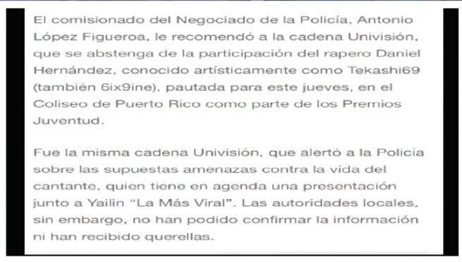 Comunicado de la Policía de Puerto Rico recomendando a Univisión suspender la presentación de Yailin y Tekashi 69