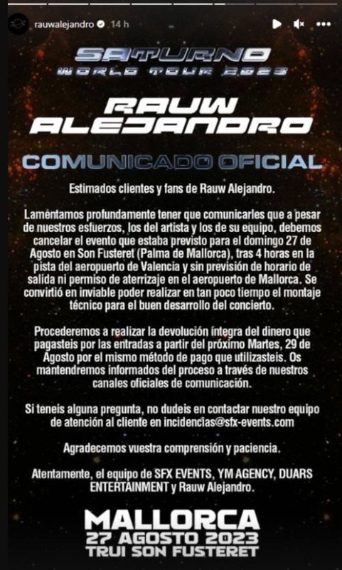 Comunicado de Rauw Alejandro de agosto pasado cancelando su presentación en Mallorca España/ Foto: Instagram