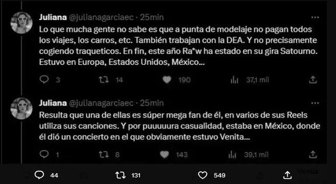 Este es el Twitter publicado hace casi dos meses donde Juliana garcía acusó a Rauw Alejandro de haberle sido infiel a Rosalía con Valeria Duque/ Foto: Twitter