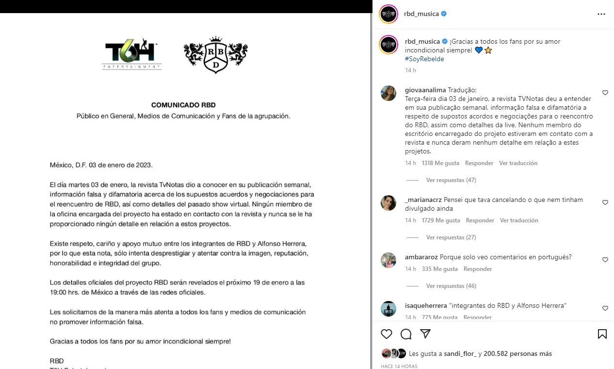  RBD emitió comunicado y negó que Alfonso Herrera pidió 10 millones de dólares para participar de la gira 