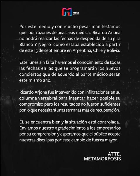 Comunicado sobre la preprogramación de lso conciertos de Ricardo Arjona por sus problemas lumbares en septiembre de este año/Foto: Instagram