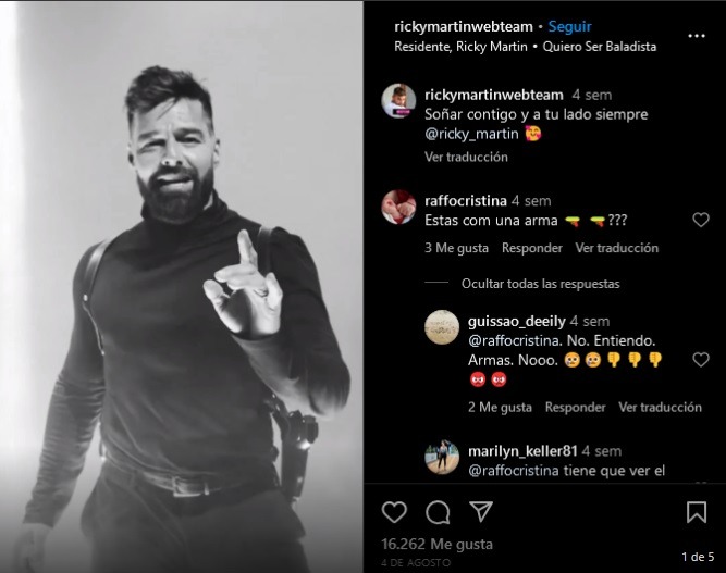Ricky Martin blanco de críticas tras aparecer portando armas en un videoclip. Fuente: Instagram