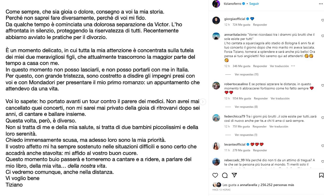 Tiziano Ferro anuncia su divorcio / Instagram
