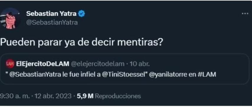 Sebastián Yatra arremetió contra periodista argentina por afirmar que le fue infiel a Tini Stoessel