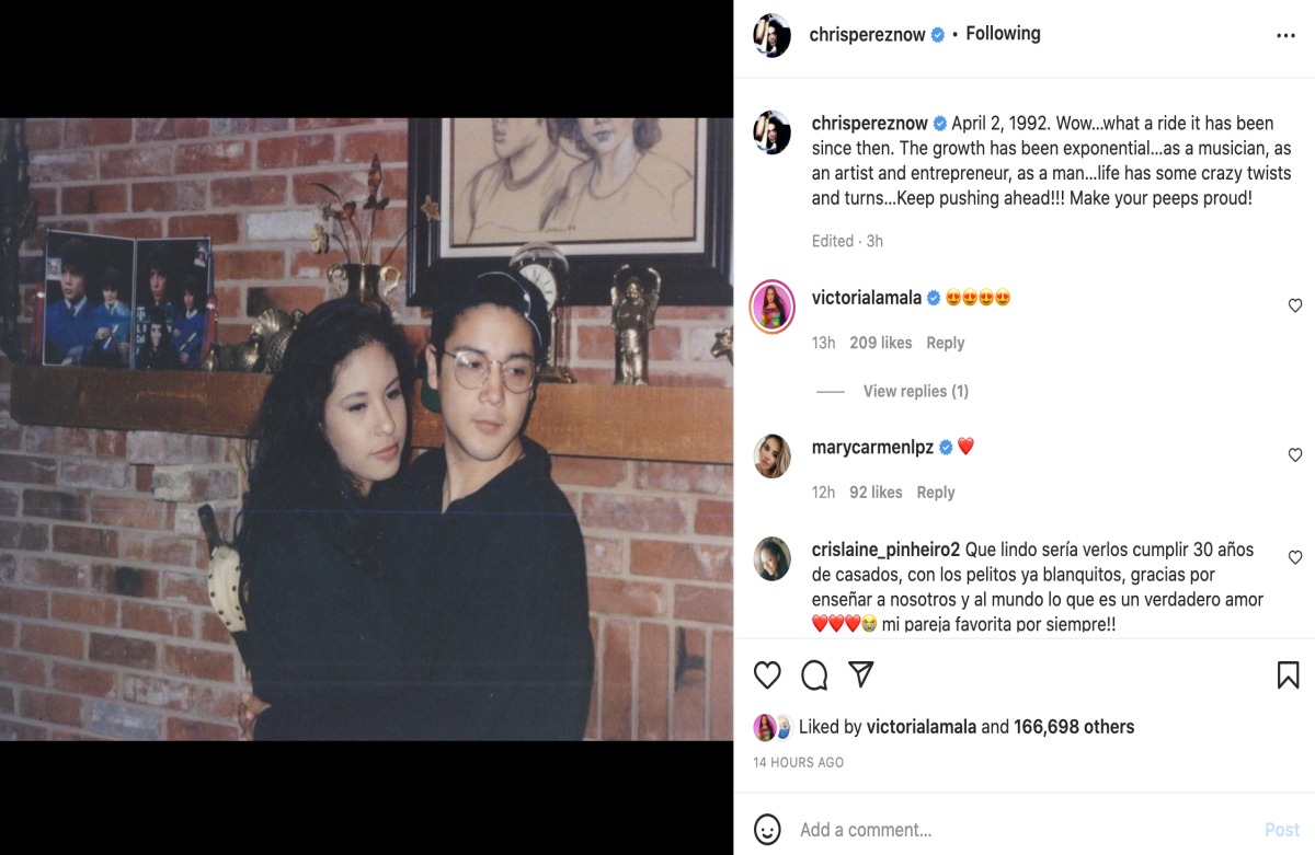 Selena: Chris Pérez publicó foto inédita de la cantante en lo que serían sus 30 años de casados