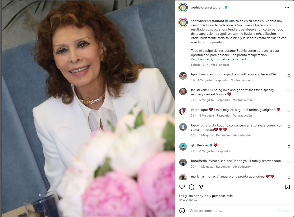 Comunicado oficial del accidente que sufrió Sophia Loren en su vivienda en Suiza/ Foto: Instagram