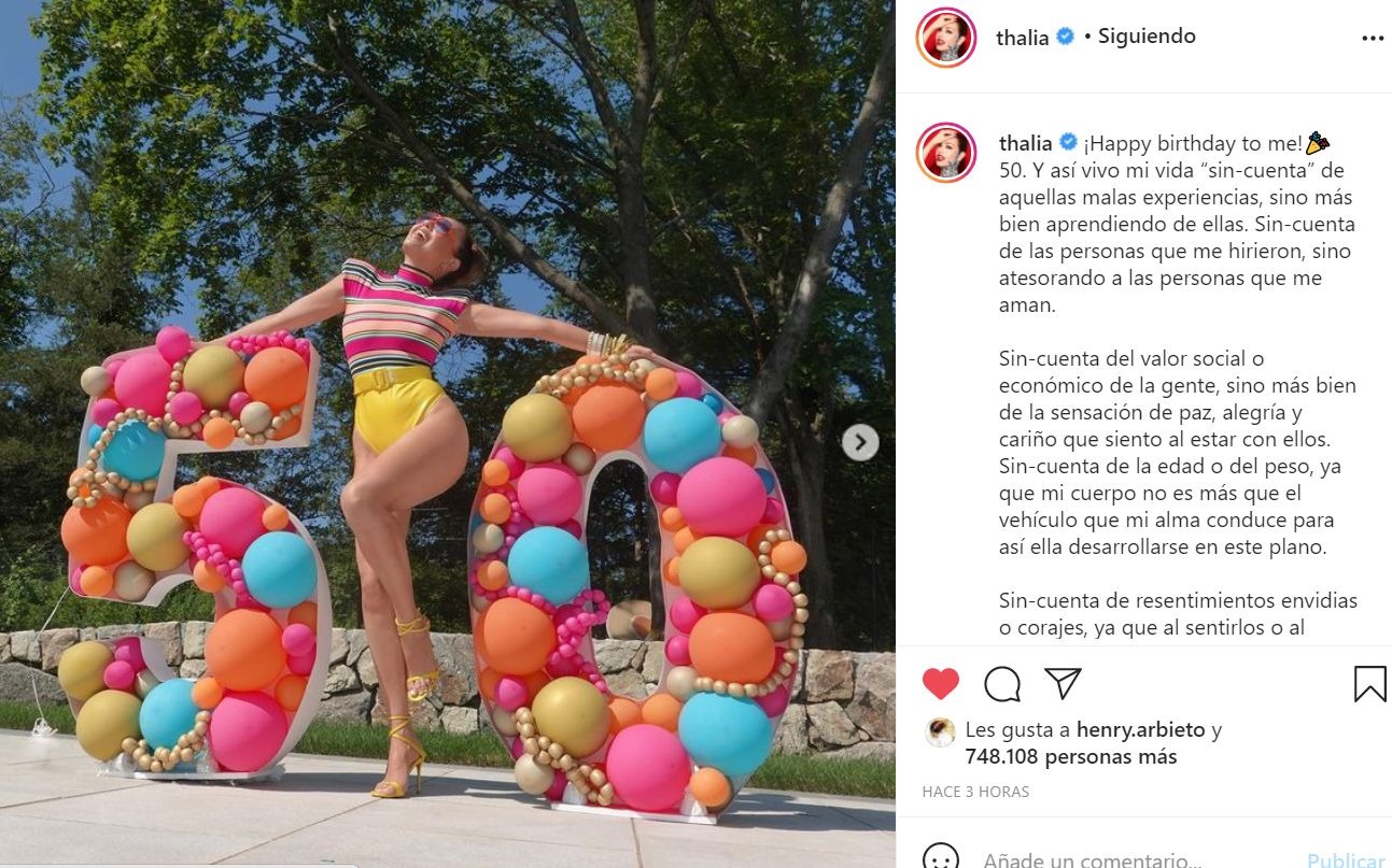 Thalía llega a los 50 años "sin-cuenta" y los celebra en redes sociales